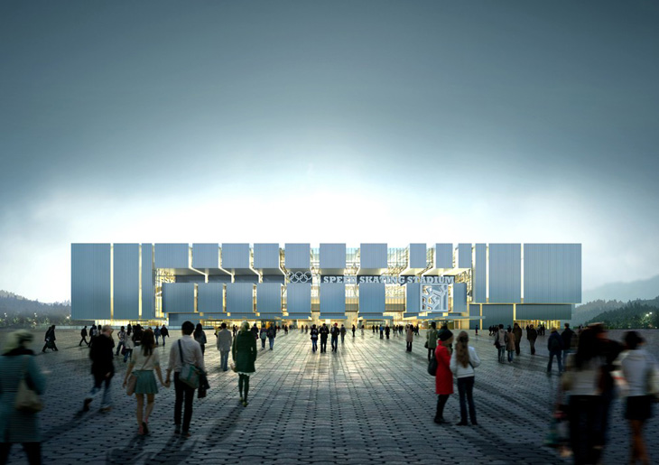 在江陵速滑體育場(chǎng)和體育中心是一家集設(shè)計(jì)由Samoo建筑師和工程師。在一個(gè)部分的中心是為了協(xié)調(diào)與自然，另一方面象征著冬季奧運(yùn)會(huì)的精神。它坐落在江陵，韓國(guó)一個(gè)網(wǎng)站，就曾被用于垃圾處理，但現(xiàn)在長(zhǎng)滿松樹豐富的一塊土地。設(shè)計(jì)背后的想法是利用自然，舞臺(tái)，廣場(chǎng)為&ldquo;三層&rdquo;生產(chǎn)布局，將溝通，協(xié)調(diào)與周圍的環(huán)境。